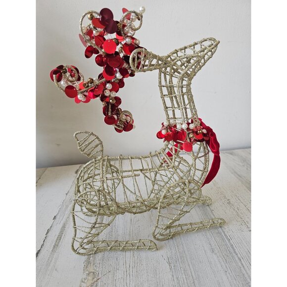 Pier 1 metal glitter gold sequin reindeer deer red decor centerpiece sparkle - Picture 5 of 11